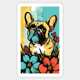 French Bulldog Vibrant Tropical Flower Tall Retro Vintage Digital Pop Art Portrait Sticker